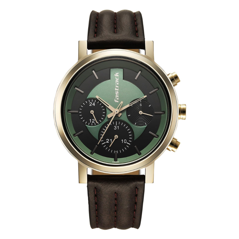 Fastrack Chrome K Green Dial Brown Leather Strap Men's Watch 3287QL02