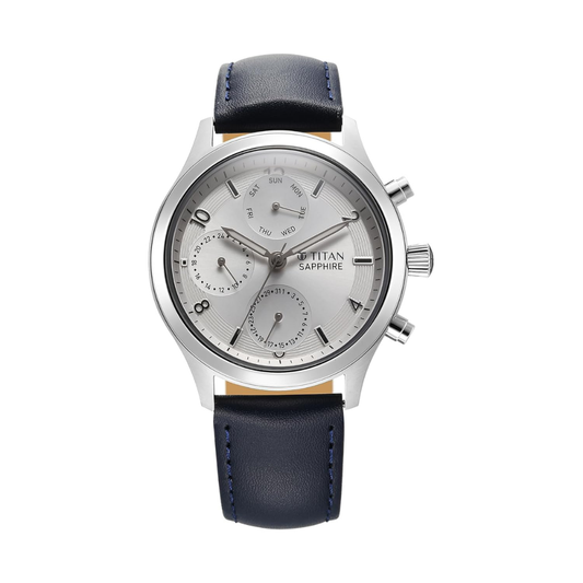 Titan Sapphire Quartz Silver Dial Blue Leather Strap Men's Watch - NT1874SL04