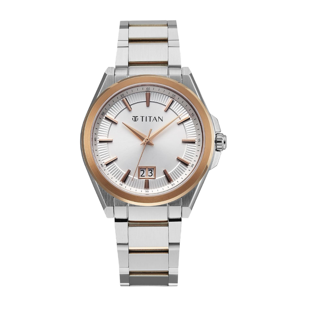 Titan Classique Big Date Silver Dial Dual Tone Stainless Steel Strap Watch for Men 90219KM01