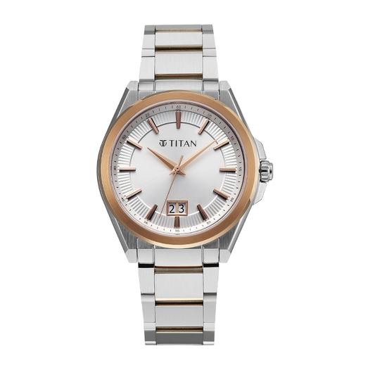 Titan Classique Big Date Silver Dial Dual Tone Stainless Steel Strap Watch for Men 90219KM01