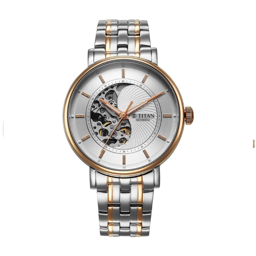 Titan Yin Yang Skeletal Automatic Analog White Dial Silver and Rose Gold Men's Watch 90222KM01