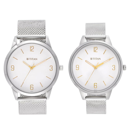 Titan Analog Silver Couple Watch 18062648SM01