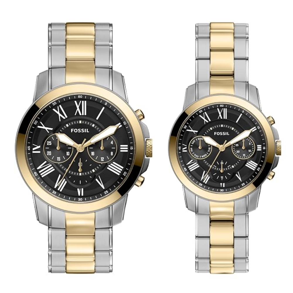 Fossil Grant Couple Black Dial Chronograph Stainless Steel Watch FS6202SET