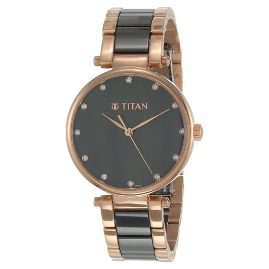Titan Quartz Analog Black Dial Two Toned Rose Gold & Black Ceramic Strap Women's Watch 95061WD03