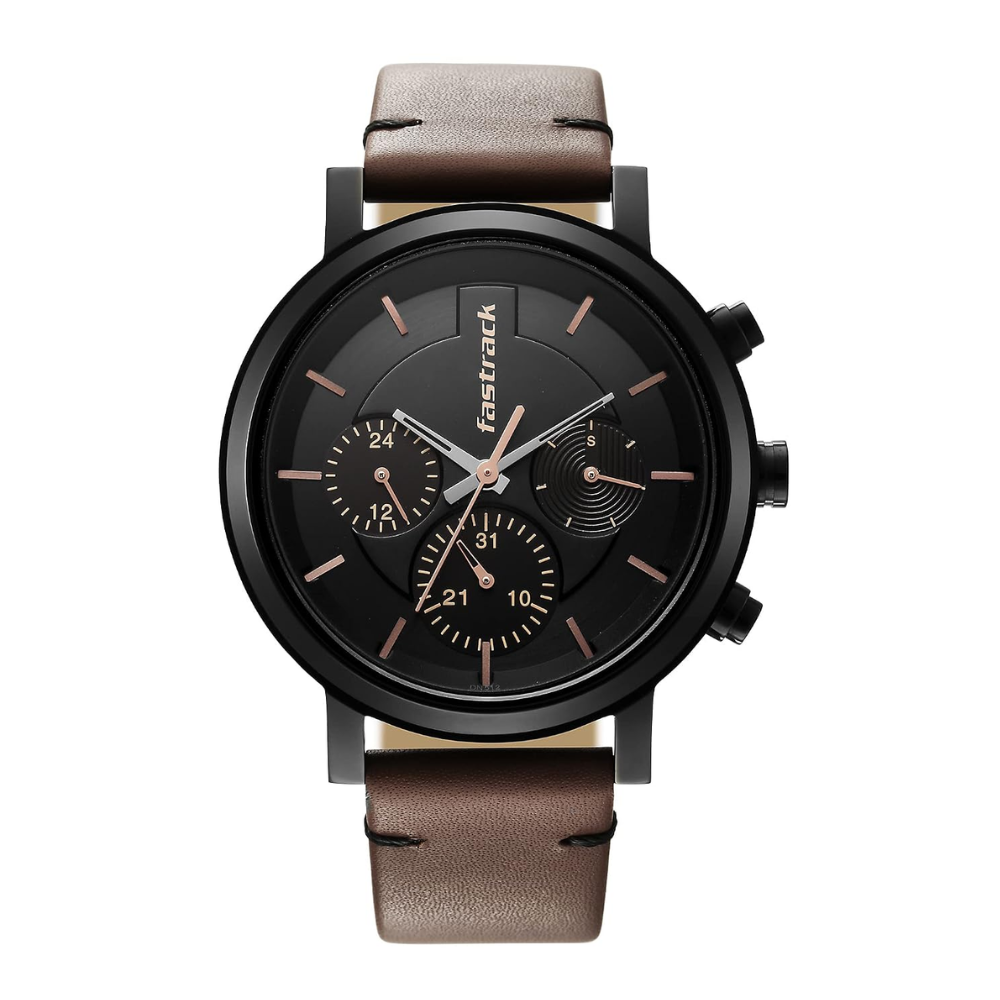 Fastrack Tick Tock Black Dial Brown Men's Watch NT3287NL01