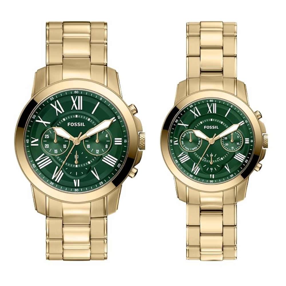Fossil Grant Couple Quartz Green Dial Chronograph Stainless Steel Watch FS6201SET
