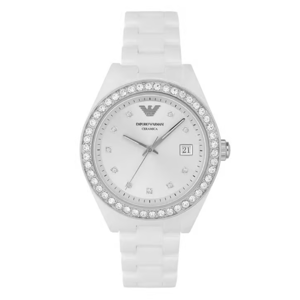 Emporio Armani Leo Silver Dial Women's Analog Ceramic Watch AR70014