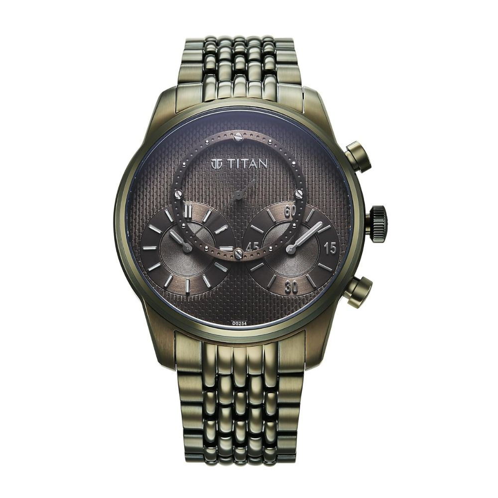 Titan Micromotors Green Independent Hour, Minute and 2nd Sub-Dial Olive Dial Stainless Steel Strap Mens Watch 90179QM01