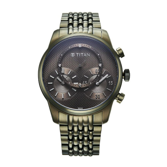 Titan Micromotors Green Independent Hour, Minute and 2nd Sub-Dial Olive Dial Stainless Steel Strap Mens Watch 90179QM01