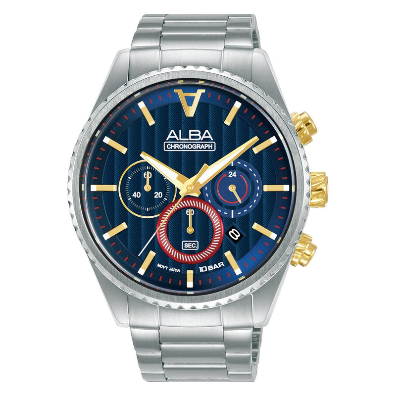 ALBA Chronograph Mens Watch AT3H97X1 with a blue patterned dial