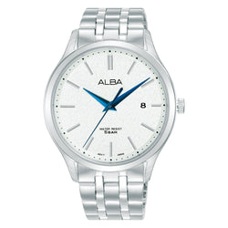 Mens ALBA White Marble Watch AS9R35X1 with Silver Metal Straps