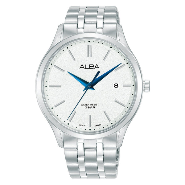 Mens ALBA White Marble Watch AS9R35X1 with Silver Metal Straps