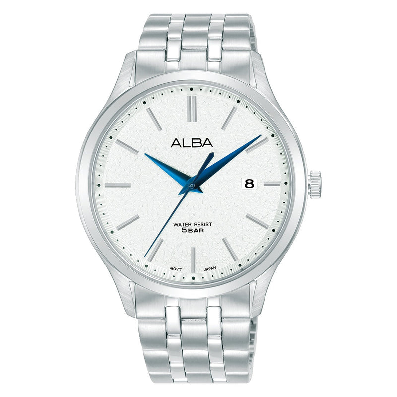 Mens ALBA White Marble Watch AS9R35X1 with Silver Metal Straps