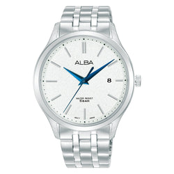 Mens ALBA White Marble Watch AS9R35X1 with Silver Metal Straps