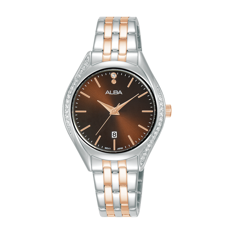Alba Womens Analog Wristwatch Ah7Bt1X1, Brown Dial, Silver Band, Stainless Steel