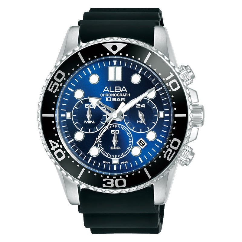 Mens Alba Silicone Analogue Wristwatch At3J47X1, Black Band, Blue Dial