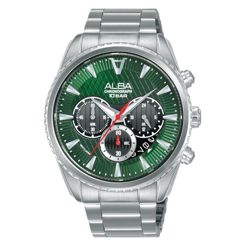 Mens Green Dial, Silver Band, Stainless Steel Alba Analog Wristwatch At3J13X1