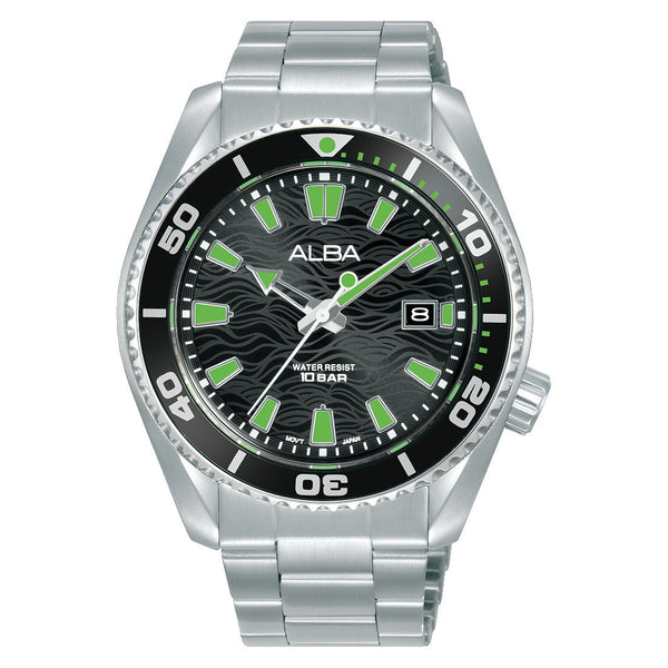 Water-resistant AS9R75X1 Black Surf Dial with Black+Green Rotating Bezel