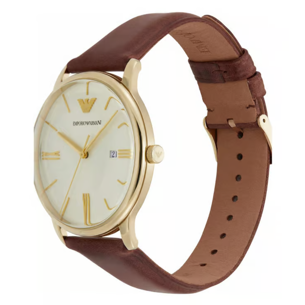 Emporio Armani Minimalist Cream Dial Men's Quartz Analog Leather Watch AR11610