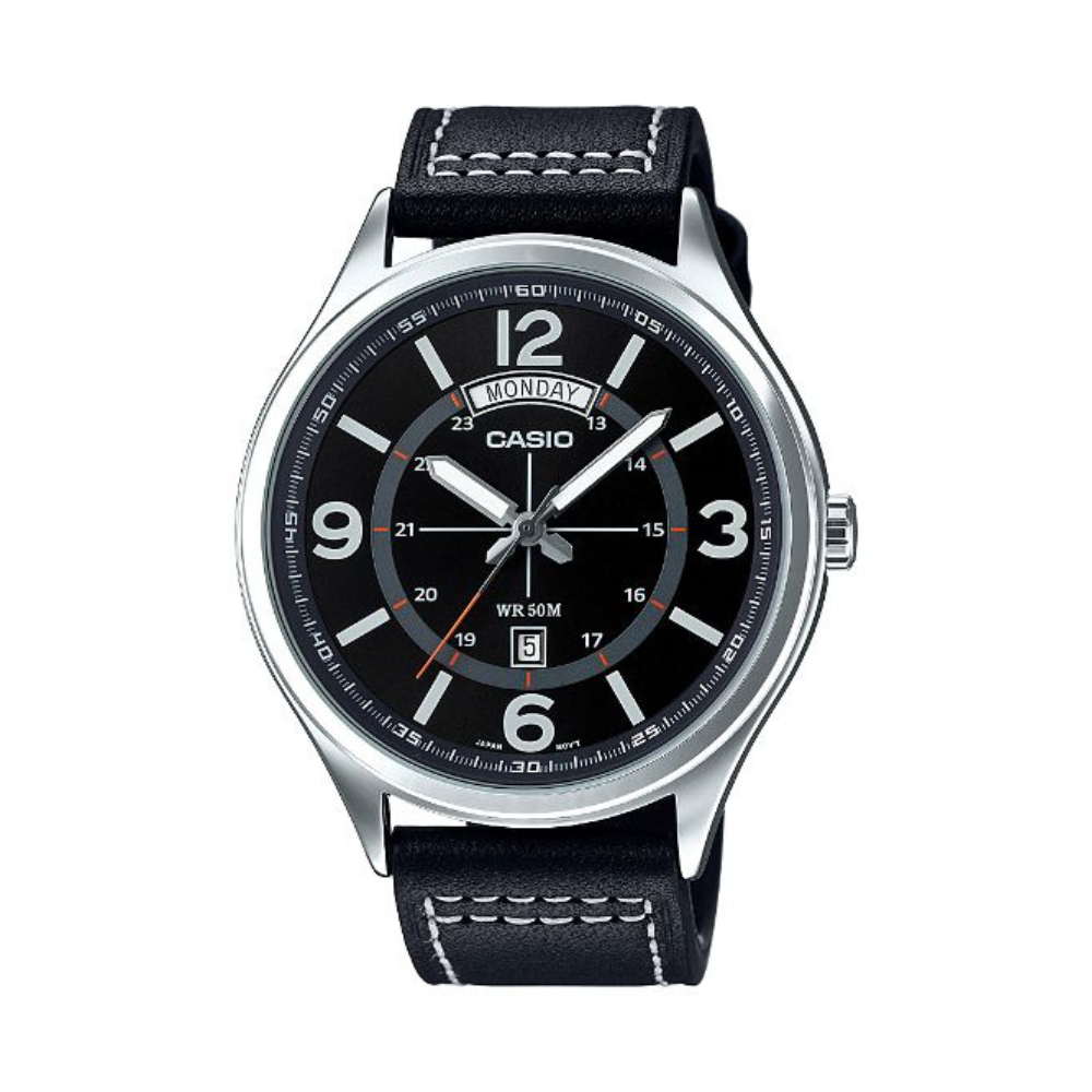 Casio Black Leather Strap Men's Watch MTP-E129L-1AV, MTP-E129L-2B1V | 10531181