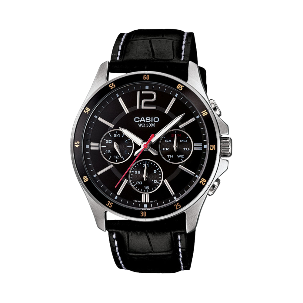 Casio Black Leather Strap Men's Watch MTP-1374L-1AV, MTP-1374PL-1AV | 10460322