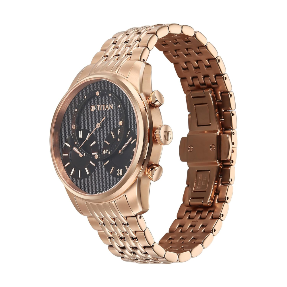 Titan Micromotors Brown Dial Men's Watch Rose Gold Stainless Steel Strap 90179WM01