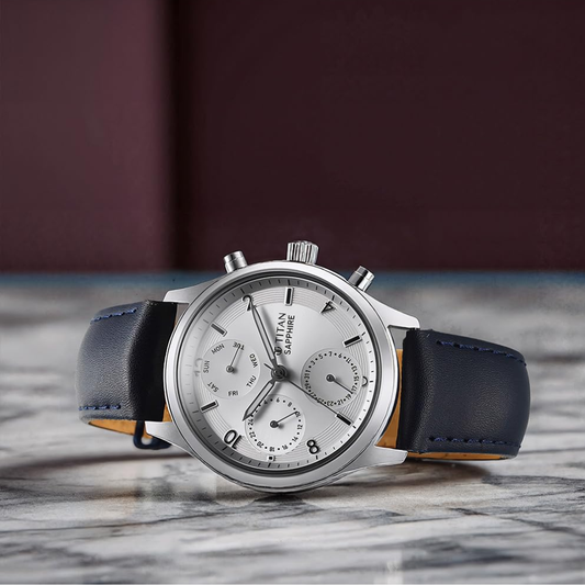 Titan Sapphire Quartz Silver Dial Blue Leather Strap Men's Watch - NT1874SL04