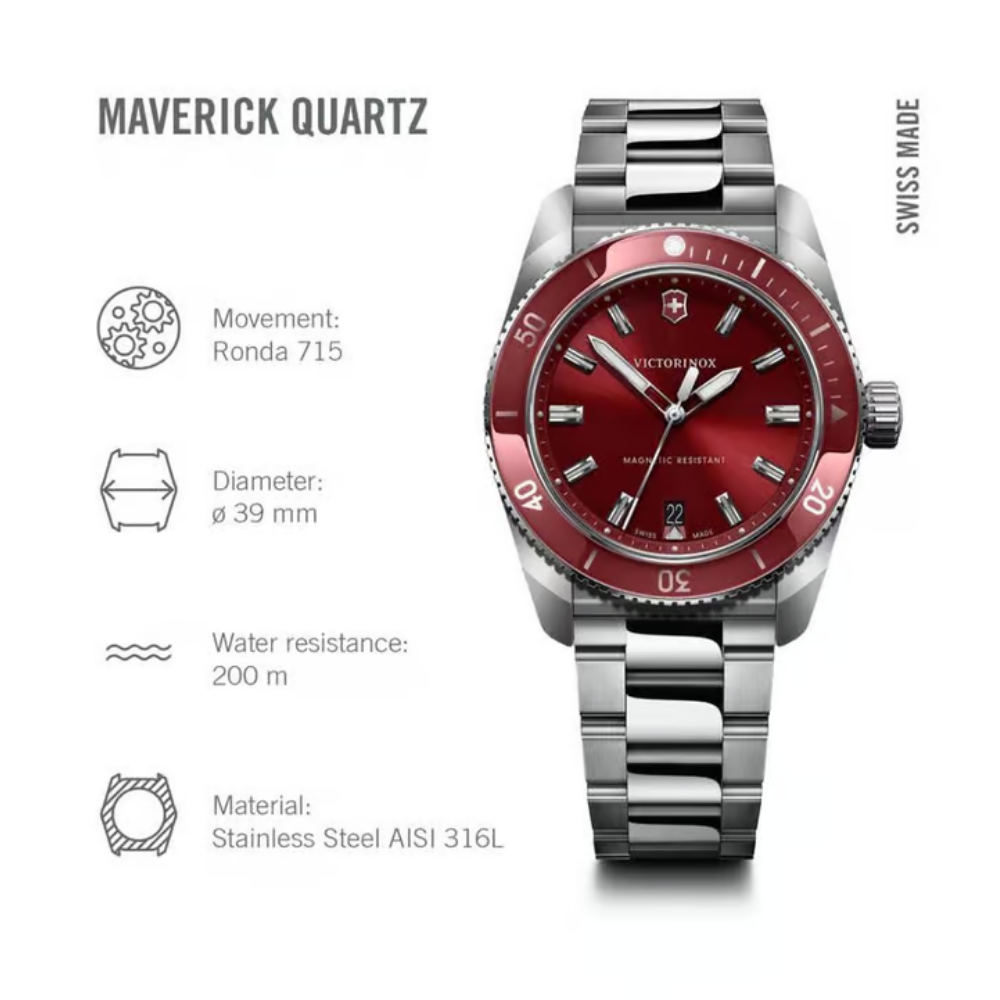 VICTORINOX Maverick Swiss Made Quartz Red Dial Mens Watch 242098