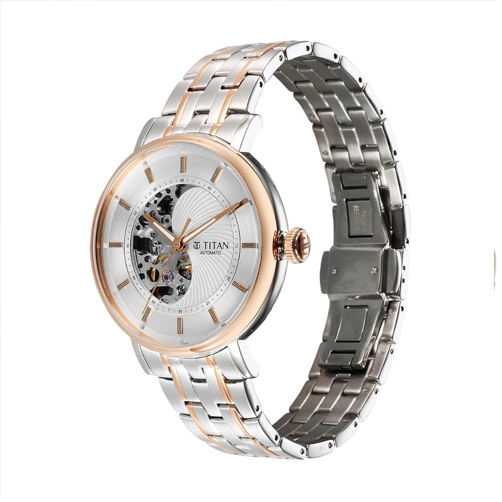 Titan Yin Yang Skeletal Automatic Analog White Dial Silver and Rose Gold Men's Watch 90222KM01