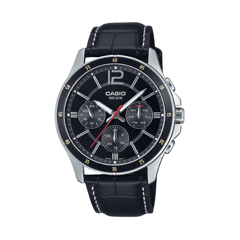 Casio Black Leather Strap Men's Watch MTP-1374L-1AV, MTP-1374PL-1AV | 10460322
