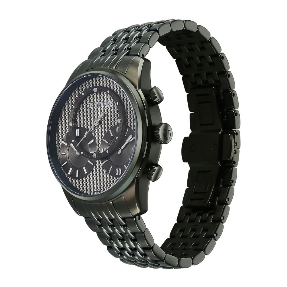 Titan Micromotors Green Independent Hour, Minute and 2nd Sub-Dial Olive Dial Stainless Steel Strap Mens Watch 90179QM01