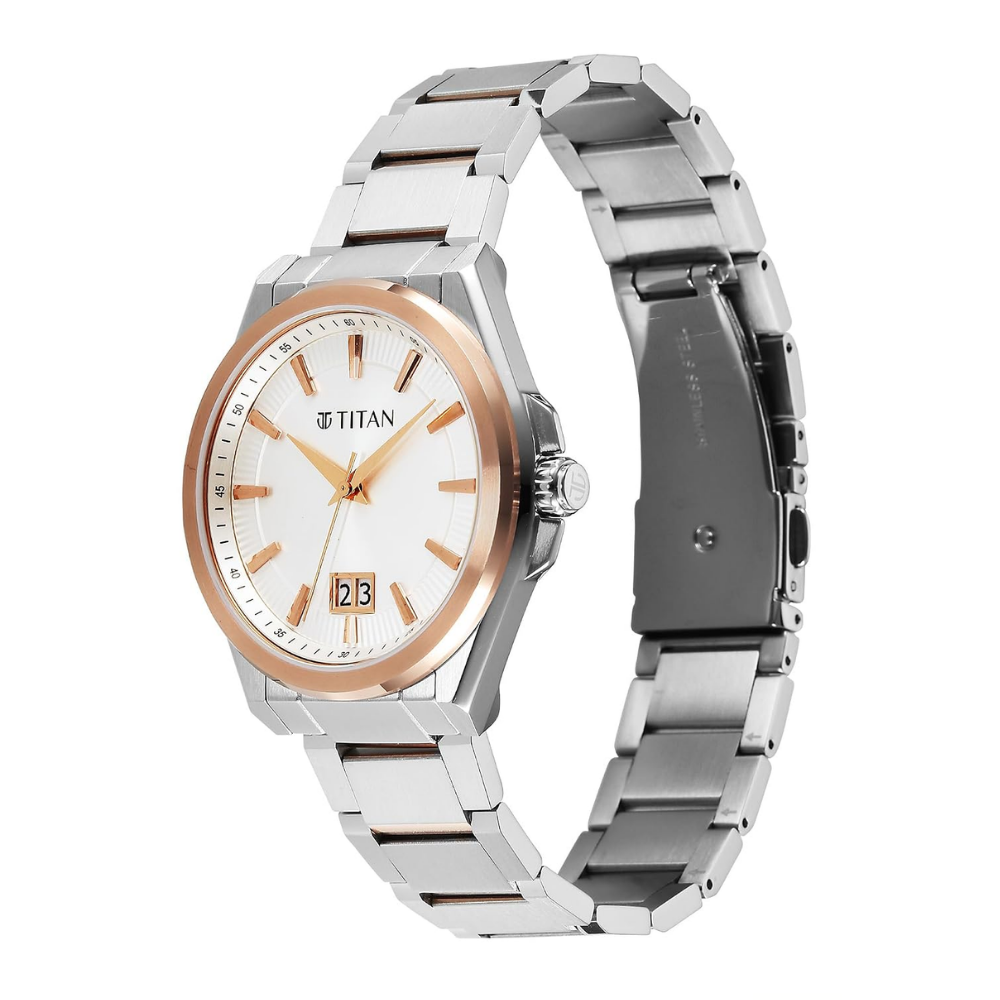 Titan Classique Big Date Silver Dial Dual Tone Stainless Steel Strap Watch for Men 90219KM01