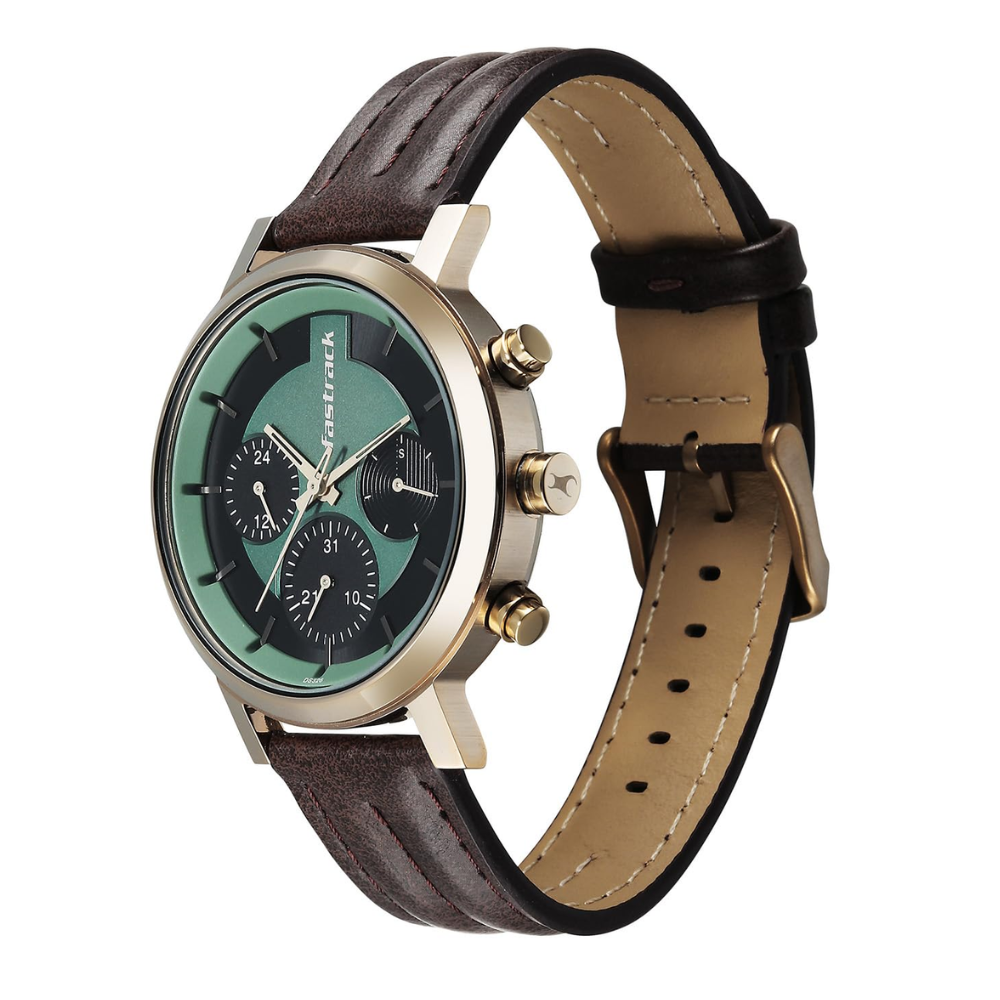 Fastrack Chrome K Green Dial Brown Leather Strap Men's Watch 3287QL02