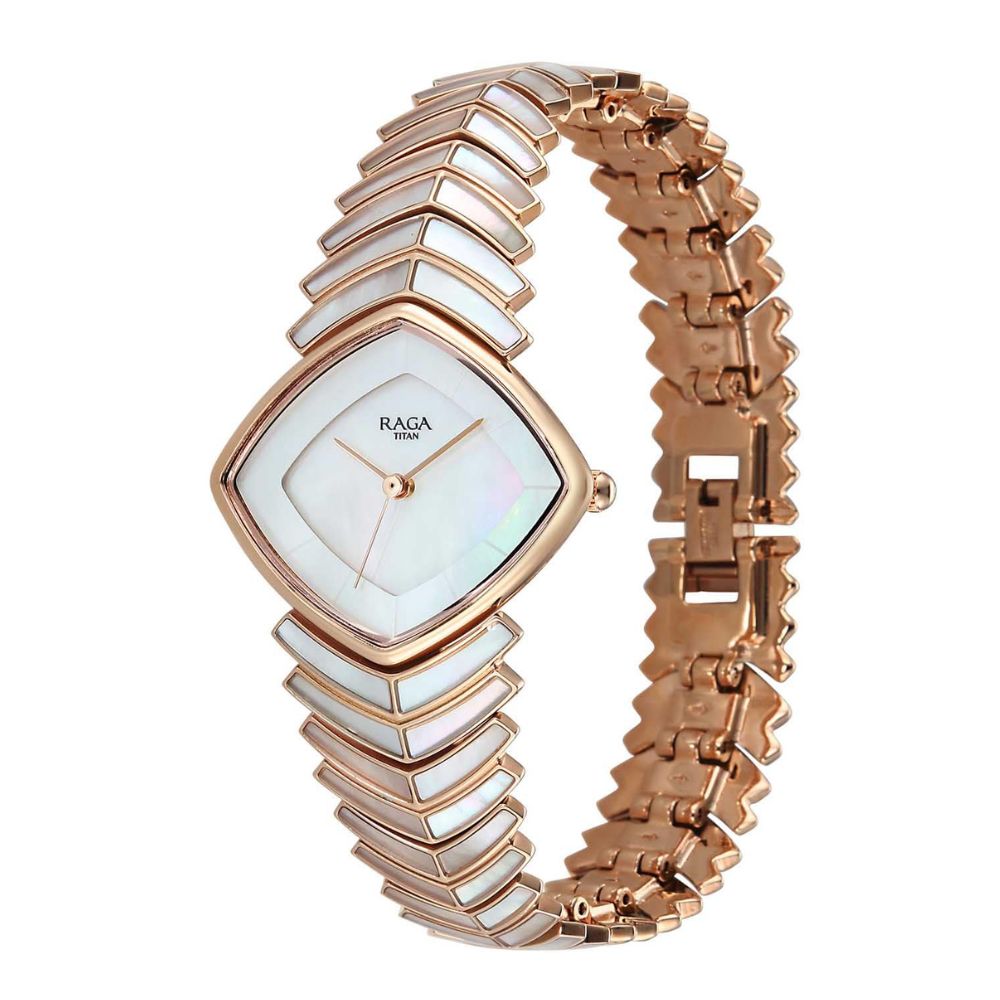 Titan Raga Chic Glam Natural White M.O.P + MOP Minute Ring Dial Rose Gold Women's Watch 95393WM03