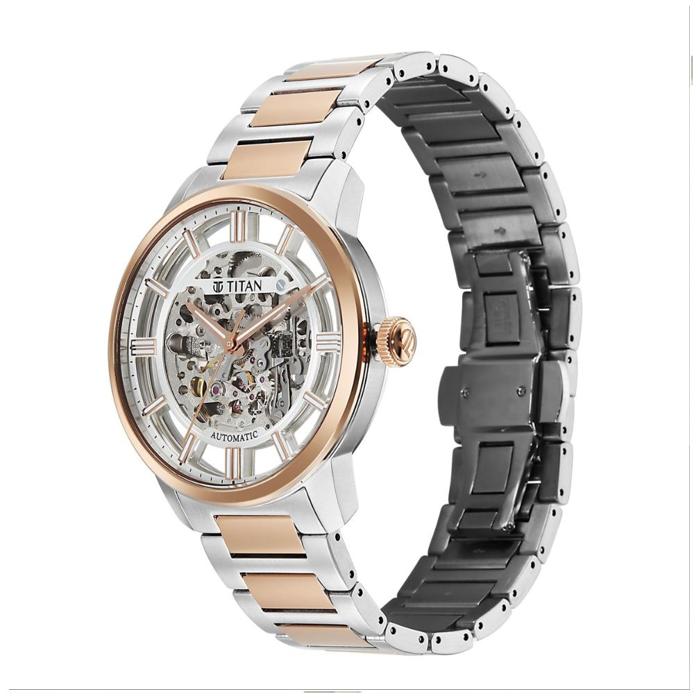 Titan See-Through Skeletal Bimetal Rose Gold & Steel Men's Watch 90220KM01