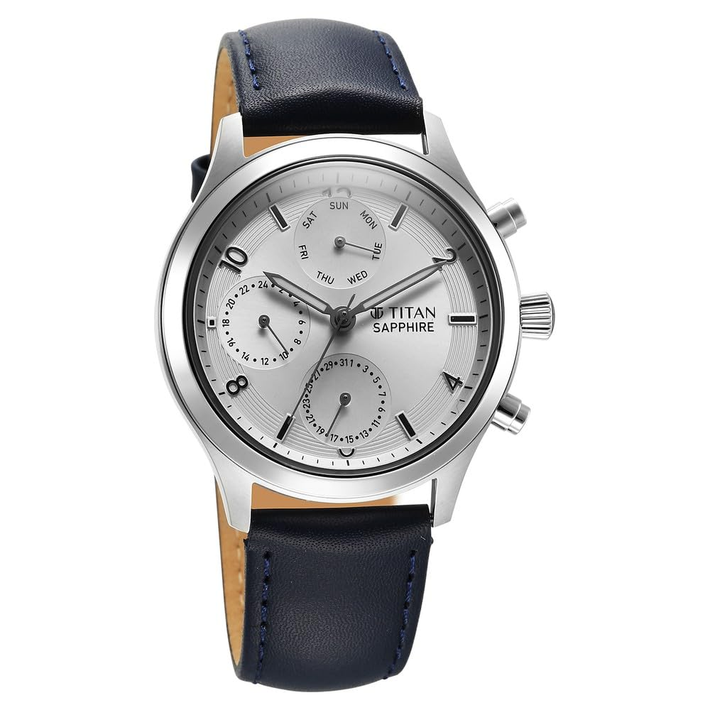 Titan Sapphire Quartz Silver Dial Blue Leather Strap Men's Watch - NT1874SL04