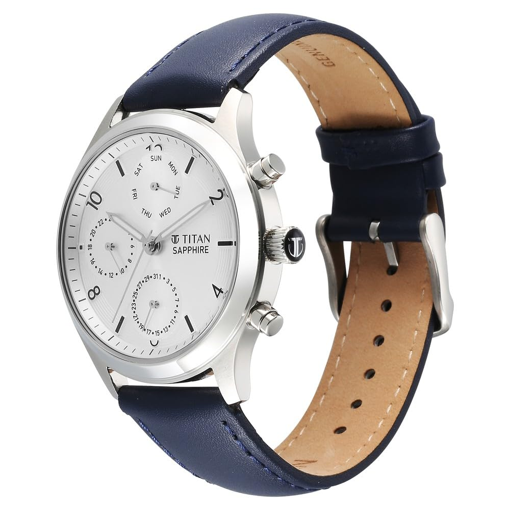 Titan Sapphire Quartz Silver Dial Blue Leather Strap Men's Watch - NT1874SL04
