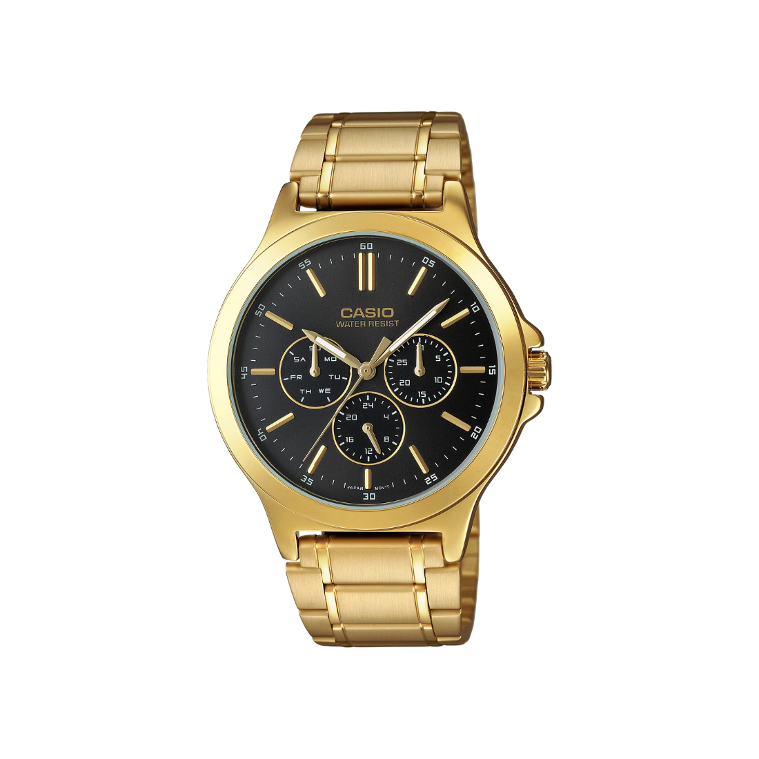 Casio Enticer Multifunction Black Dial Golden Stainless Steel Mens Watch A2318 - MTP-V300G-1A