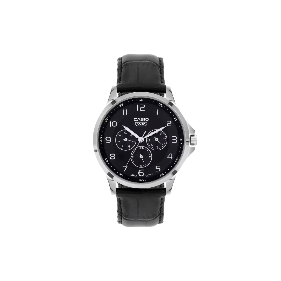 Casio Enticer Multifunction Black Black Dial Leather Strap Mens Watch A2454 - MTP-SN2KL-1A