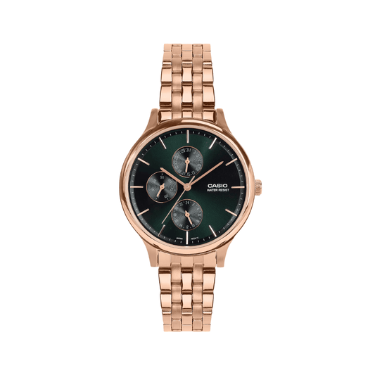 Casio Enticer Multifunction Green Dial Rosegold Womens A2498 - LTP-SN7YR-3A