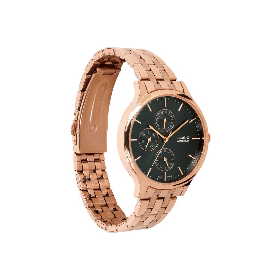 Casio Enticer Multifunction Green Dial Rosegold Womens A2498 - LTP-SN7YR-3A