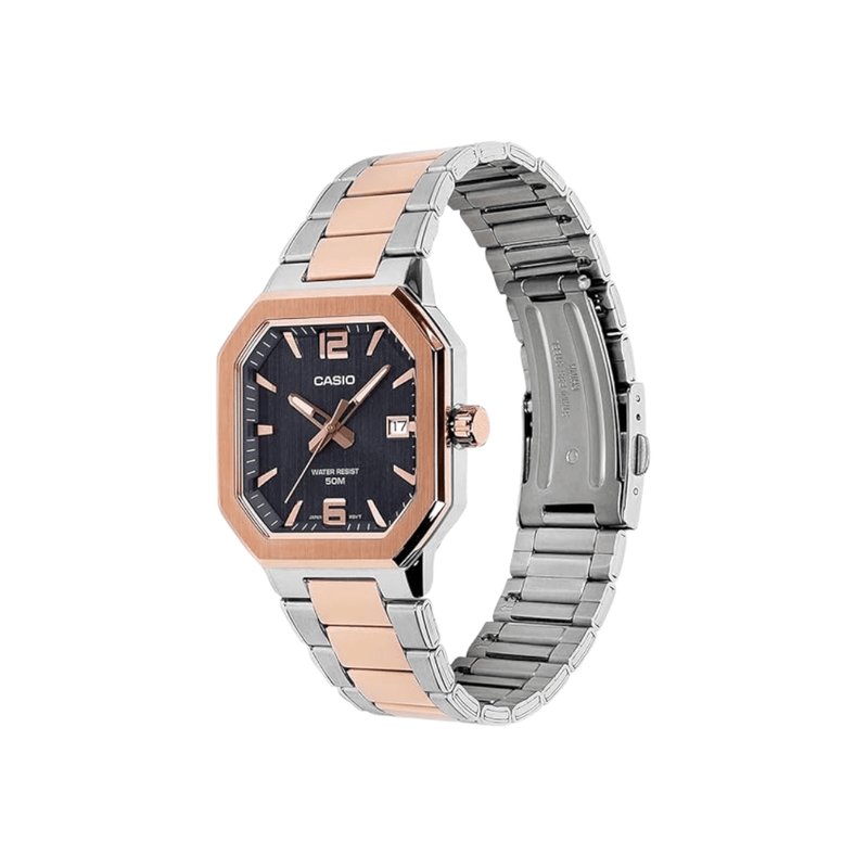 Casio Enticer Black Dial Steel Rose Gold Mens Watch A2529