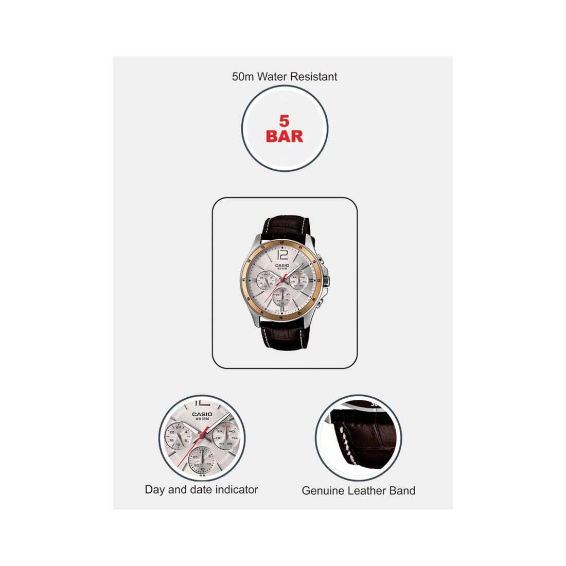 Casio Enticer Multifunction Brown Leather Strap Mens Watch A835 - MTP-1374L-7AVDF