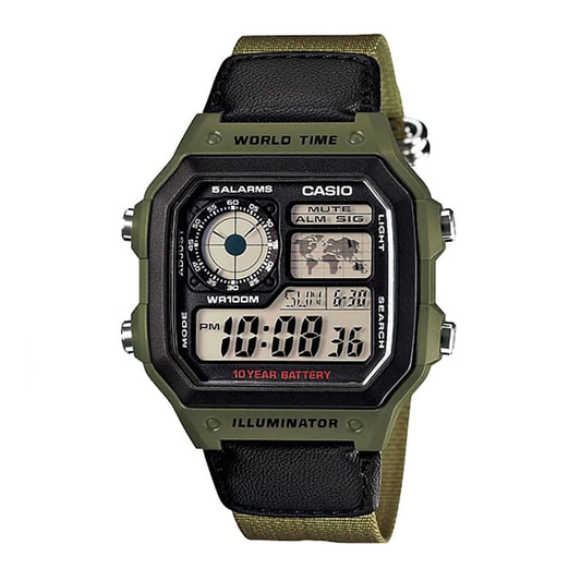 Casio Youth Digital Green Case Nato Strap Mens Watch D101 -AE-1200WHB-3BVDF