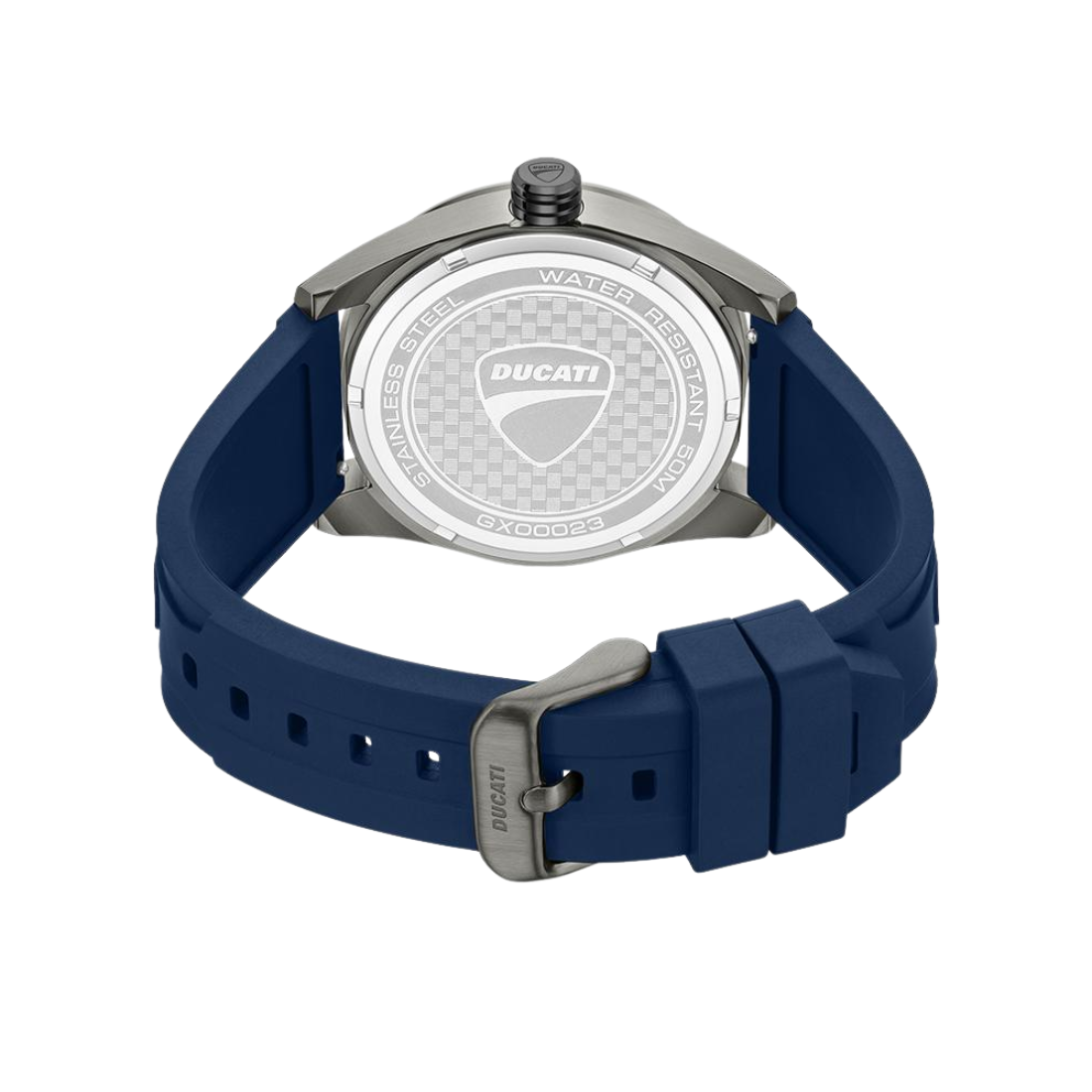 Ducati Touring Blue Dial Steel Case with Black Leather and Blue Rubber Strap Mens Watch DTWGX00023X1W
