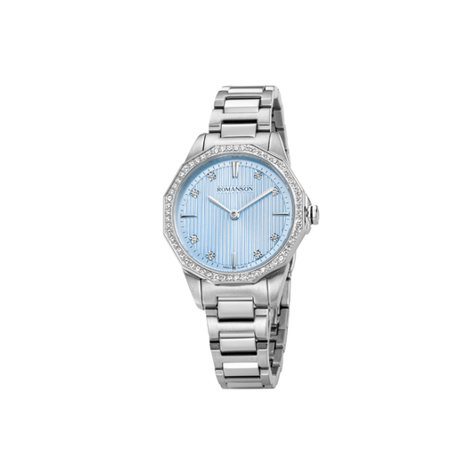 Romanson Sky Blue Dial with 8 Stone on it and stones on Case, Swiss Quartz Women's Watch | RM5BF507QLW SKY BLU