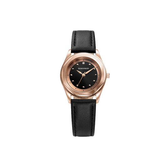 Romanson Black Dial Octagen Shape Bezel Rose Gold Case with Black Strap for Women's | TL5BF010LLRBK